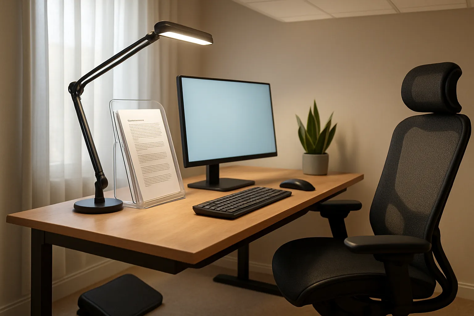 Poste de travail ergonomique minimaliste avec siège de bureau réglable, écran, éclairage de travail et un plan de travail dégagé.