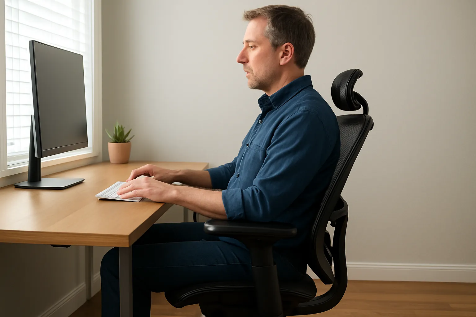 Ideal ergonomic desk setup showing correct sitting posture in an ergonomic office chair with monitor positioned at eye level.