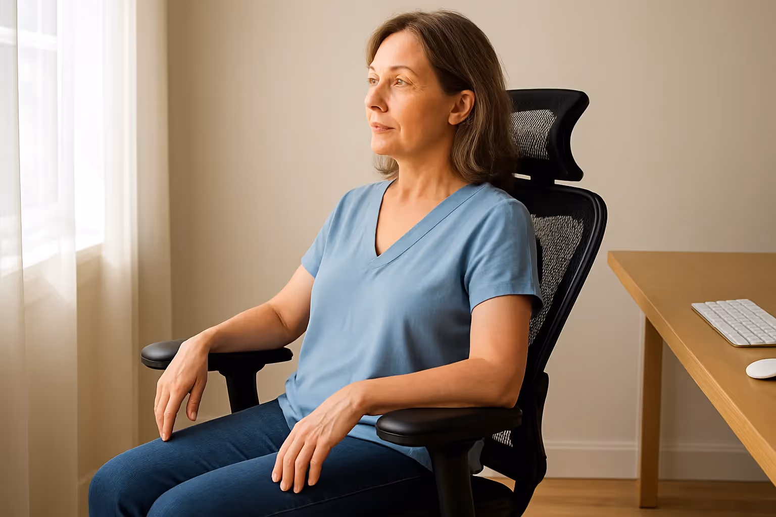 Kvinde sidder rank i en ergonomisk kontorstol ved siden af sit skrivebord i en korrekt indrettet arbejdsplads.