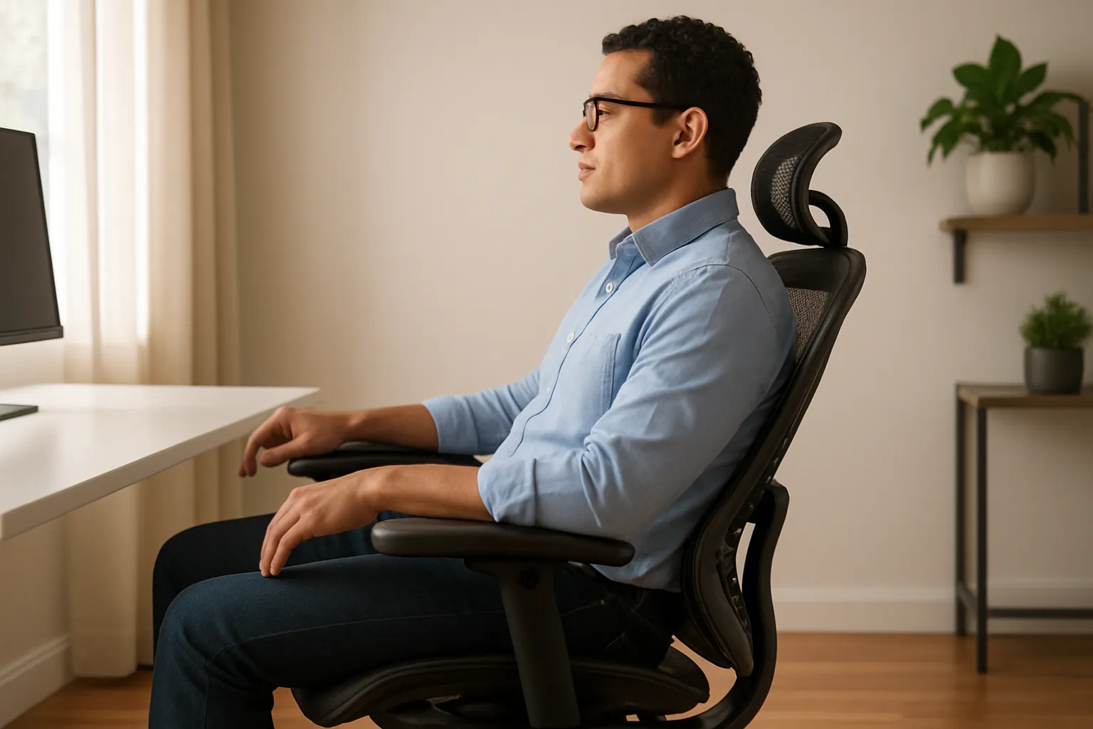 Person sidder i en ergonomisk stol med god holdning og lændestøtte.