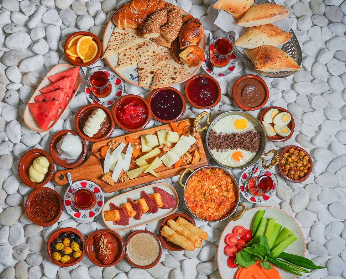 Traditional Turkish breakfast spread with assorted dishes