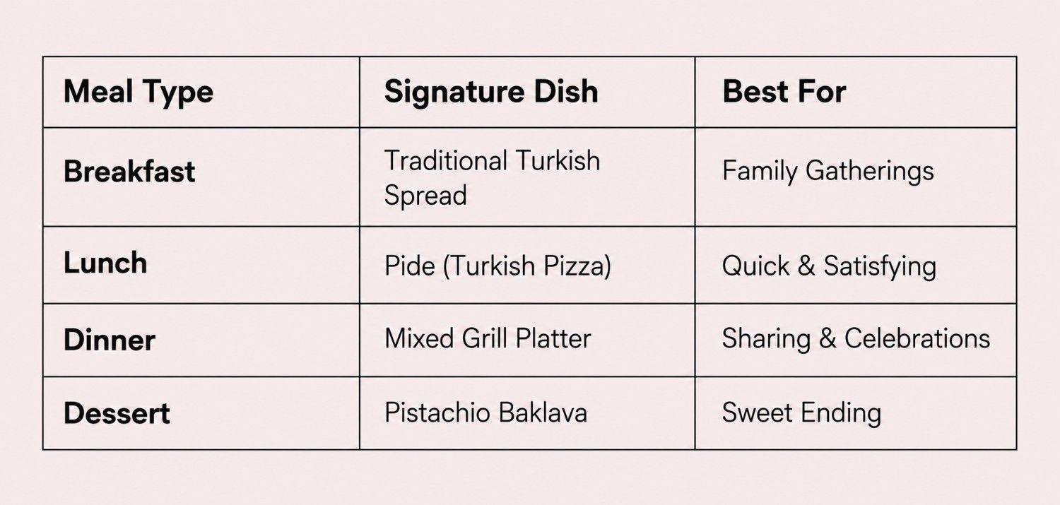 Meal types and signature dishes chart