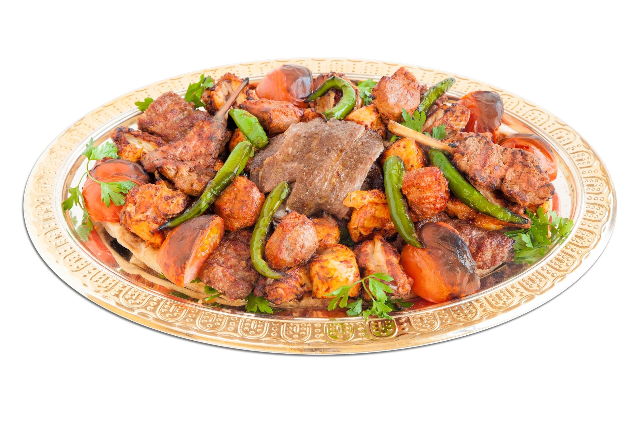 Sultan Platter, a mixed grill of assorted kebabs including chicken, lamb chunks, kofte, and beef, along with grilled green peppers, tomatoes, and eggplant