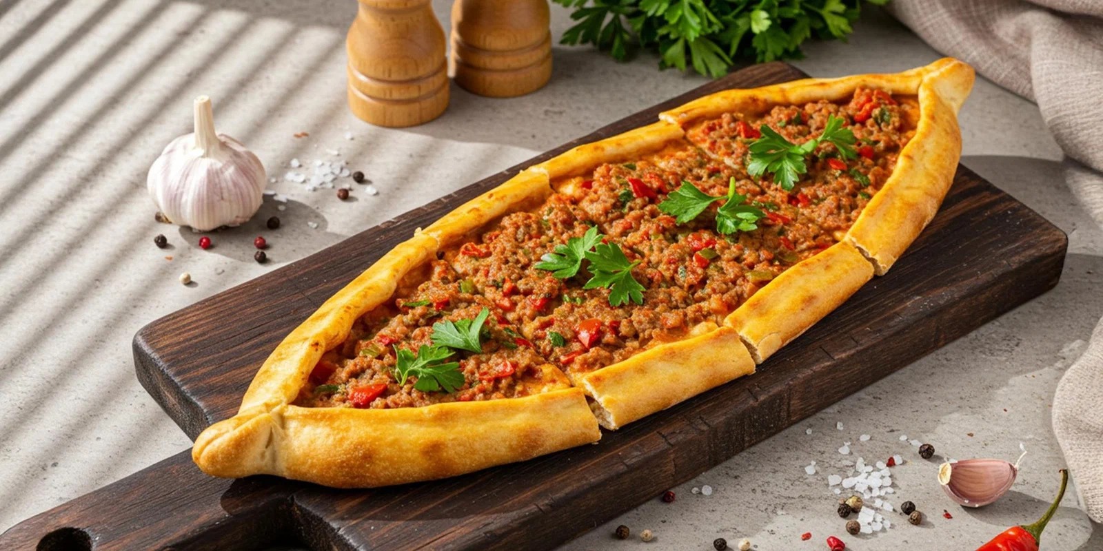 Boat-shaped Turkish pide topped with minced meat, red peppers, and parsley, sliced into portions and served on a dark wooden board