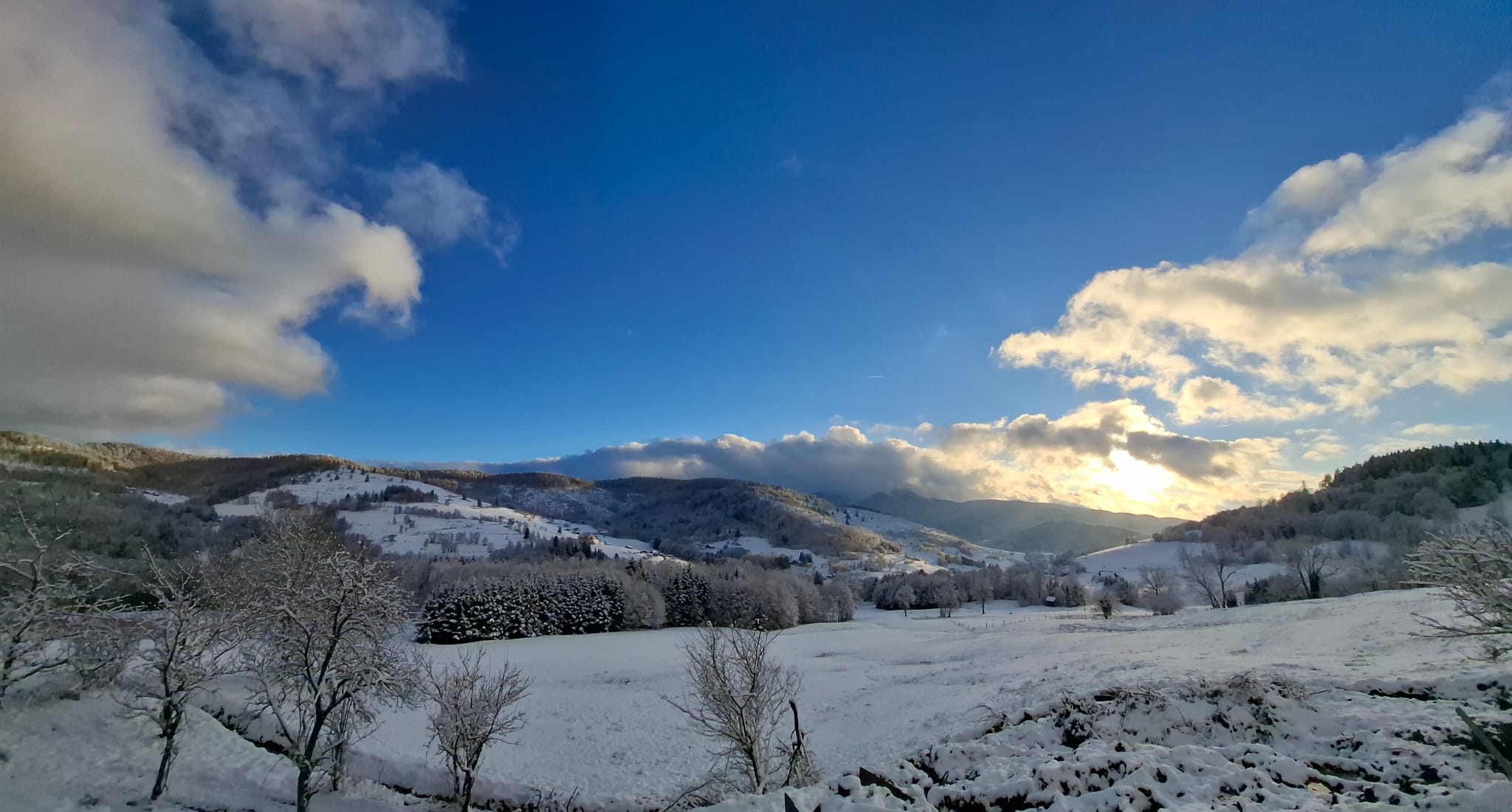 Snow-covered valley with leafless trees under a partly cloudy blue sky during sunset.