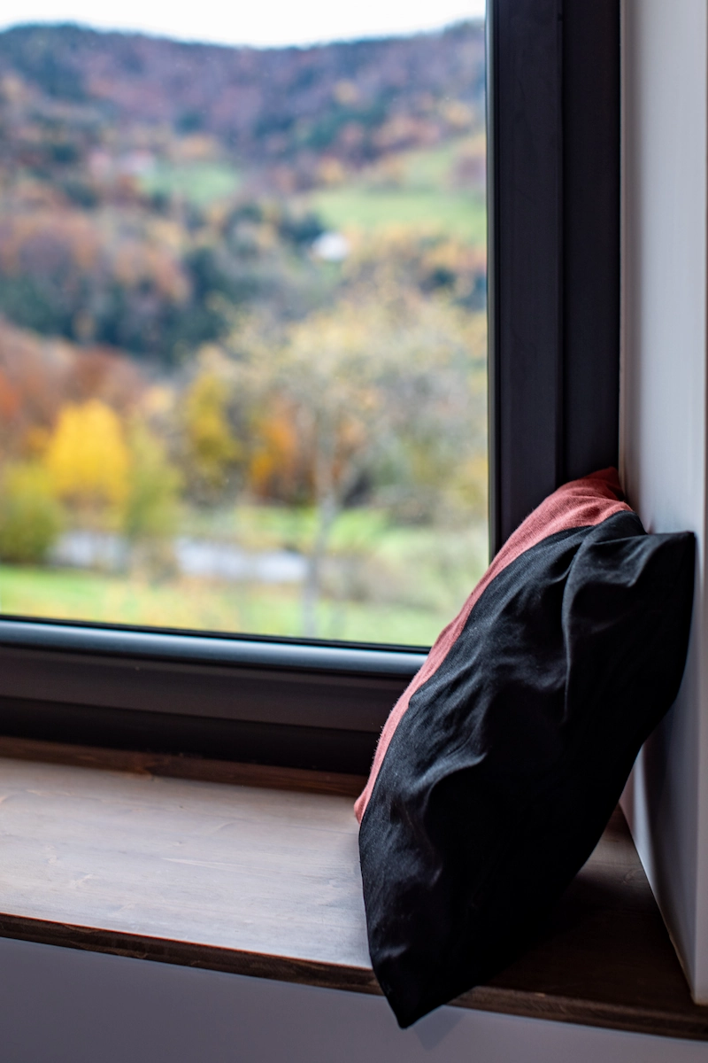 Two cushions, one black and one red, placed on a wooden window sill with a blurred autumn landscape visible outside.