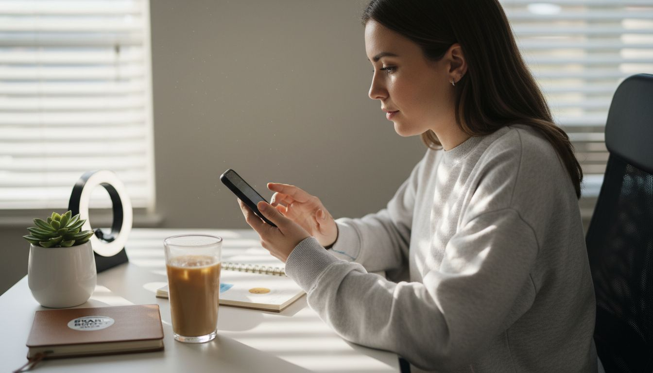 Marketer creating social brand post at desk