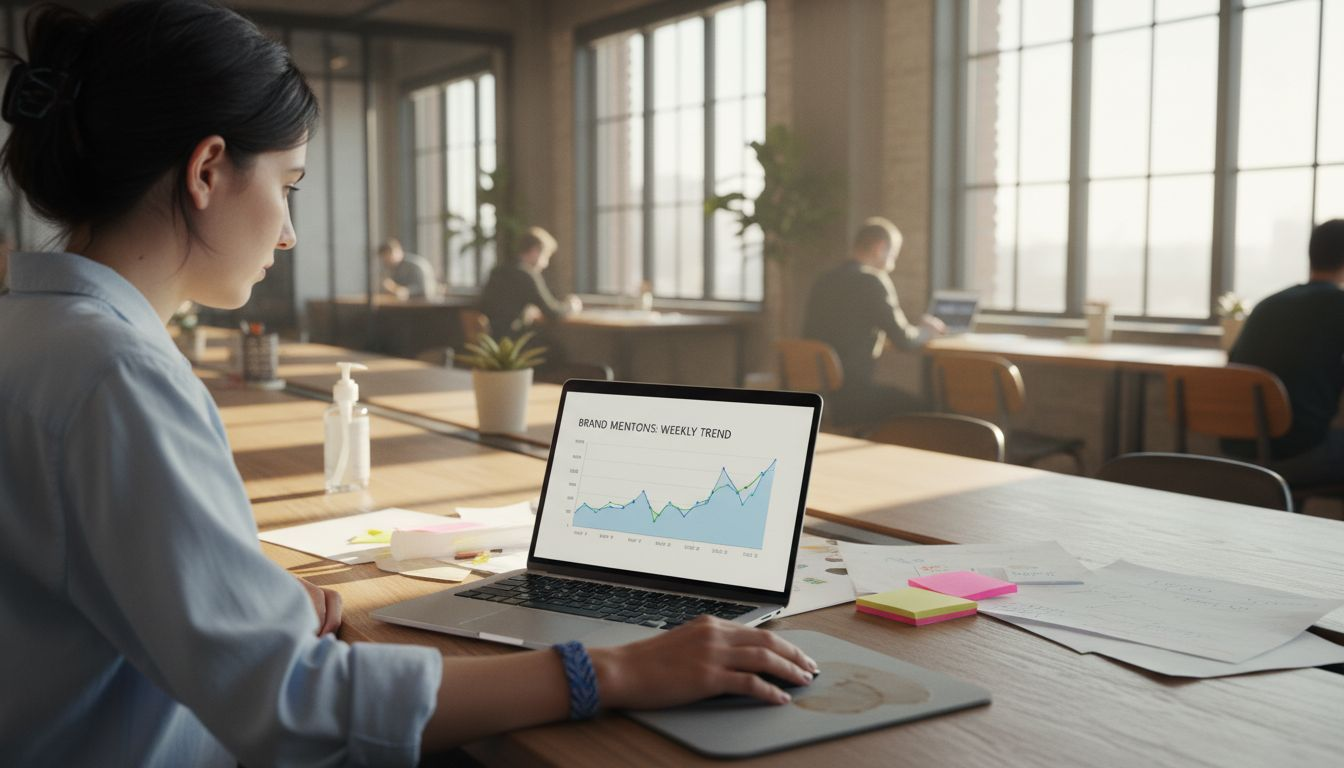 Worker checking brand monitoring chart at desk