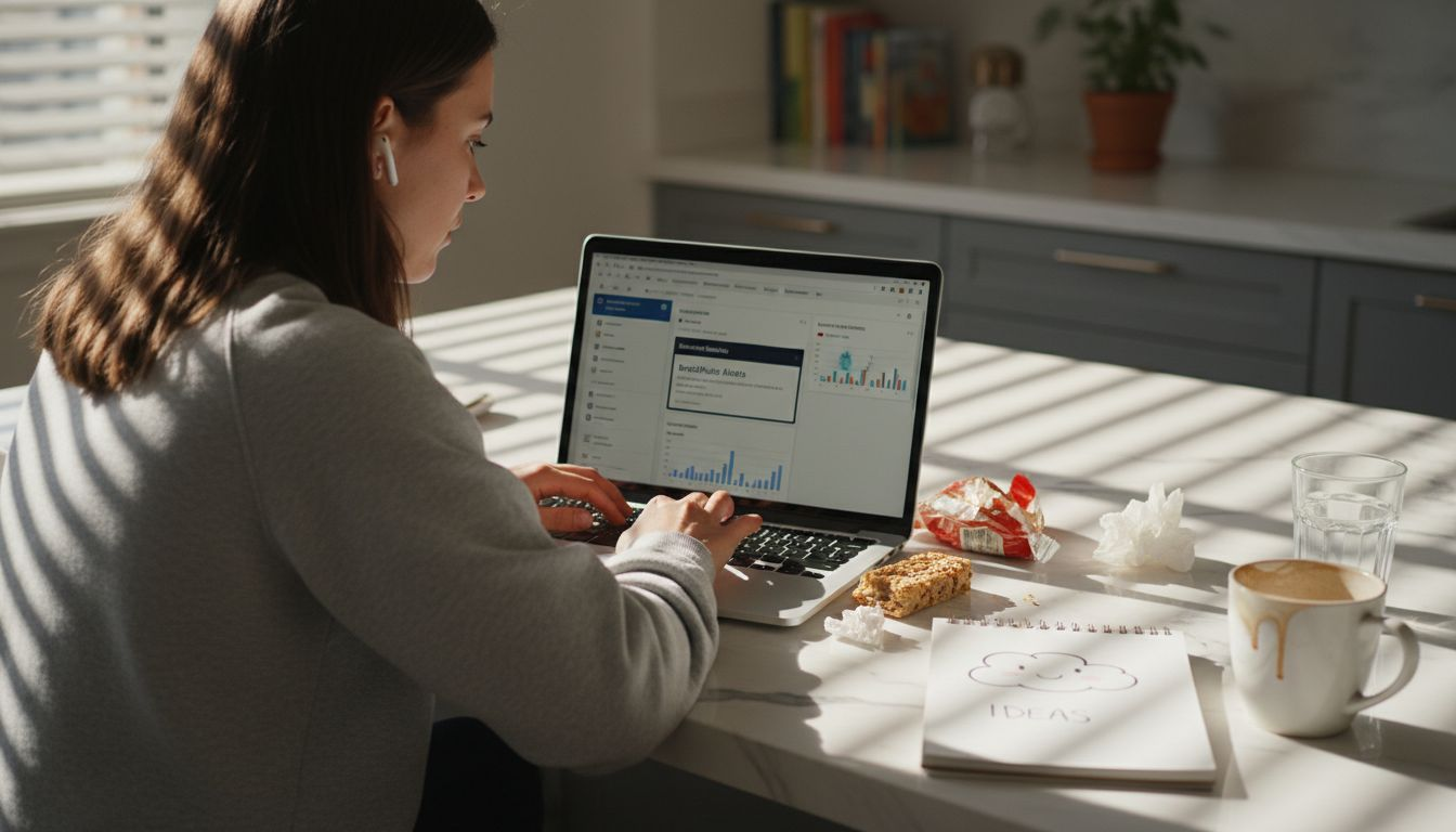 Woman reviewing online brand mentions at home