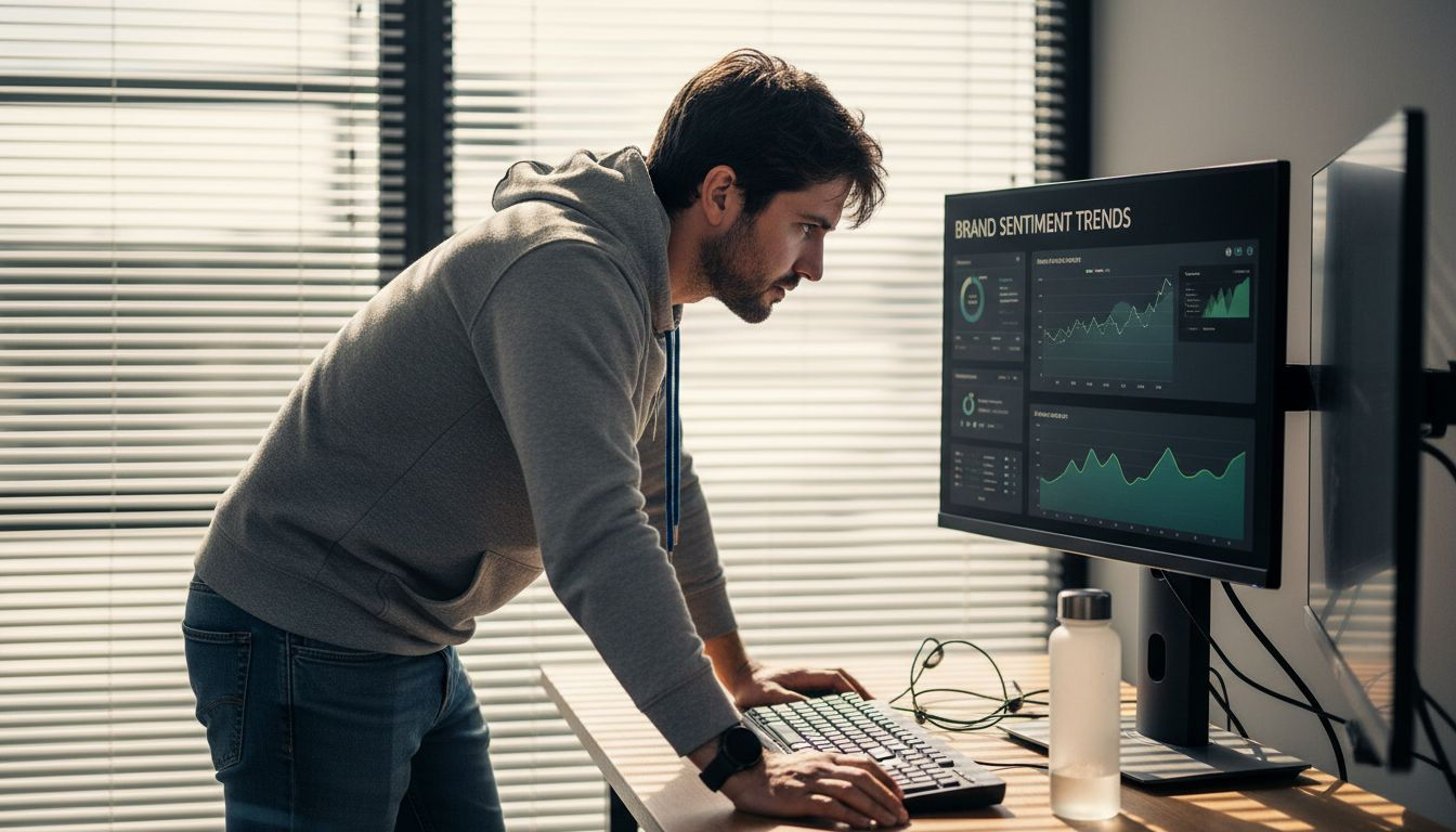 Analyst reviewing brand sentiment trends dashboard