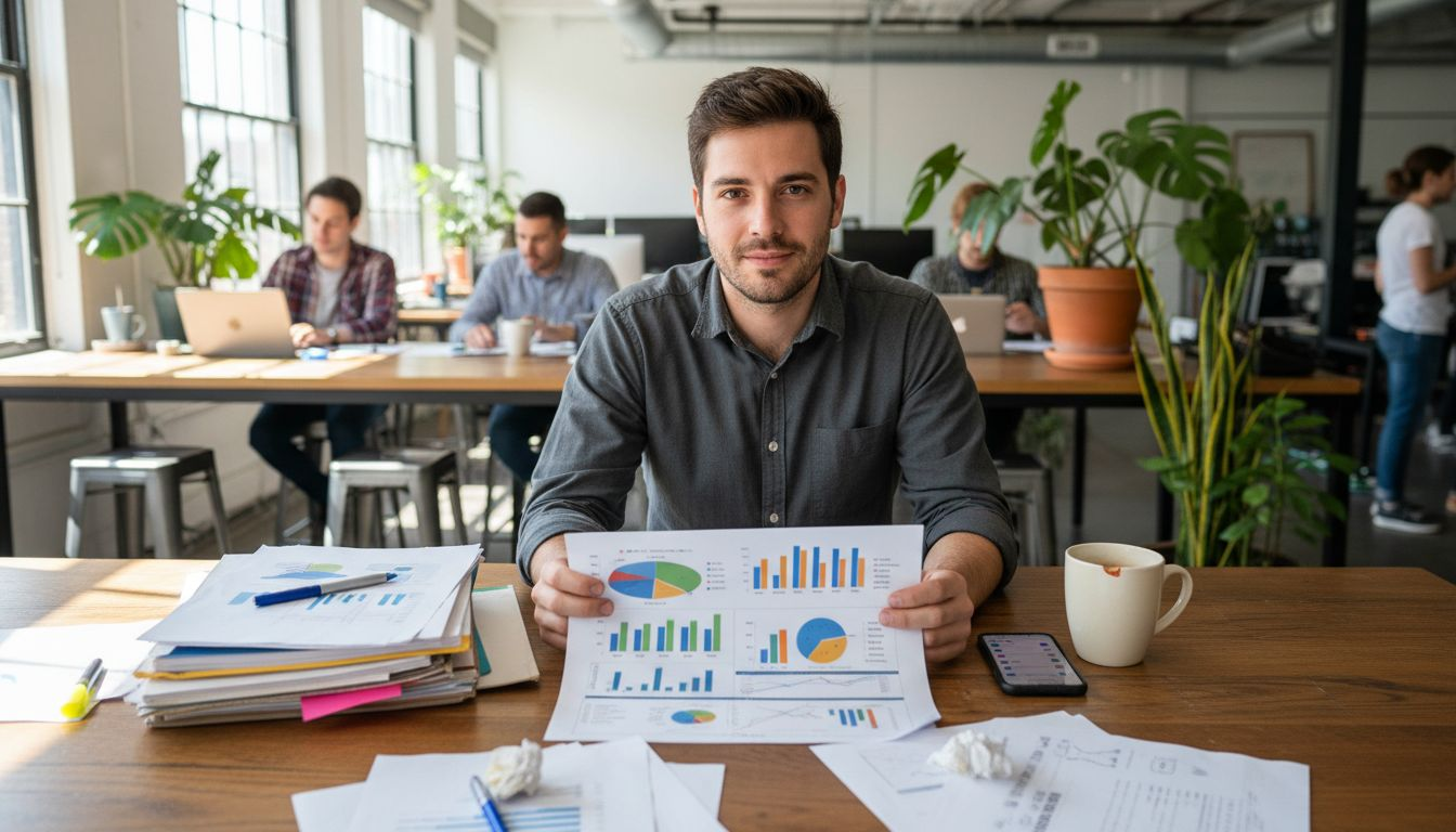 Professional analyzing printout of engagement charts