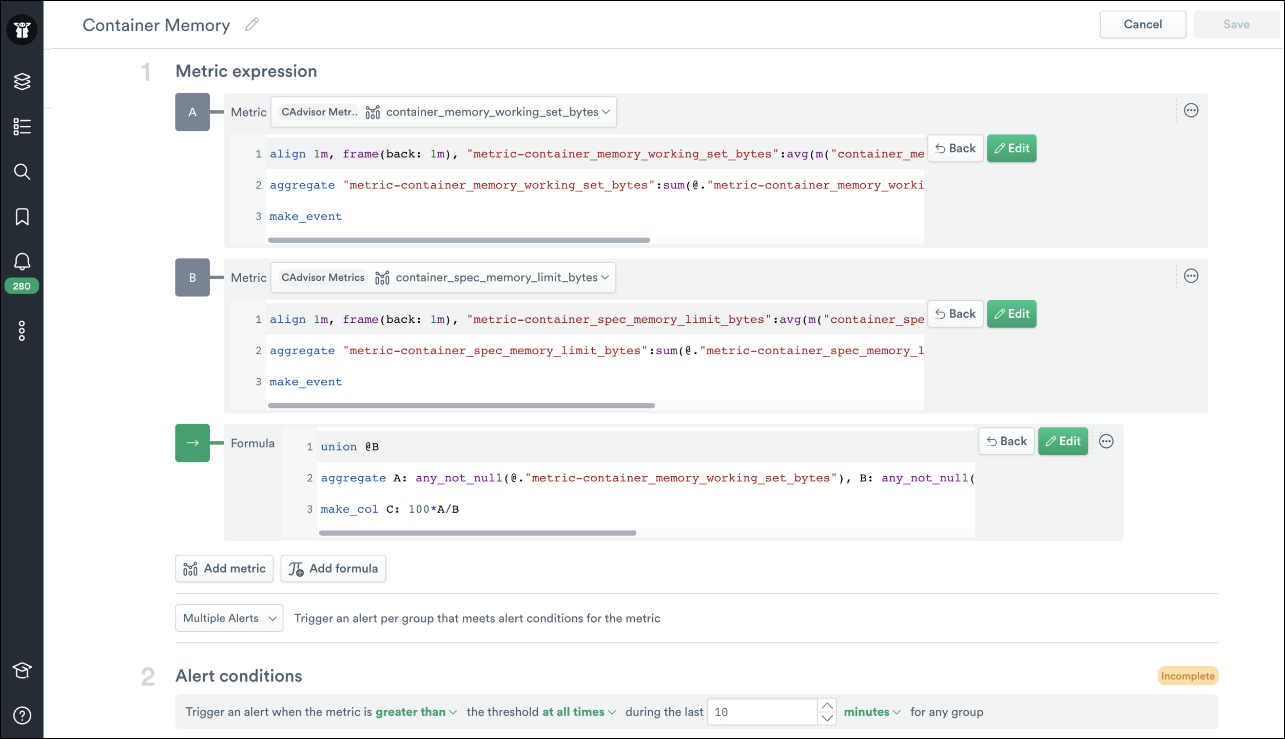 observe metric expression builder showing OPAL
