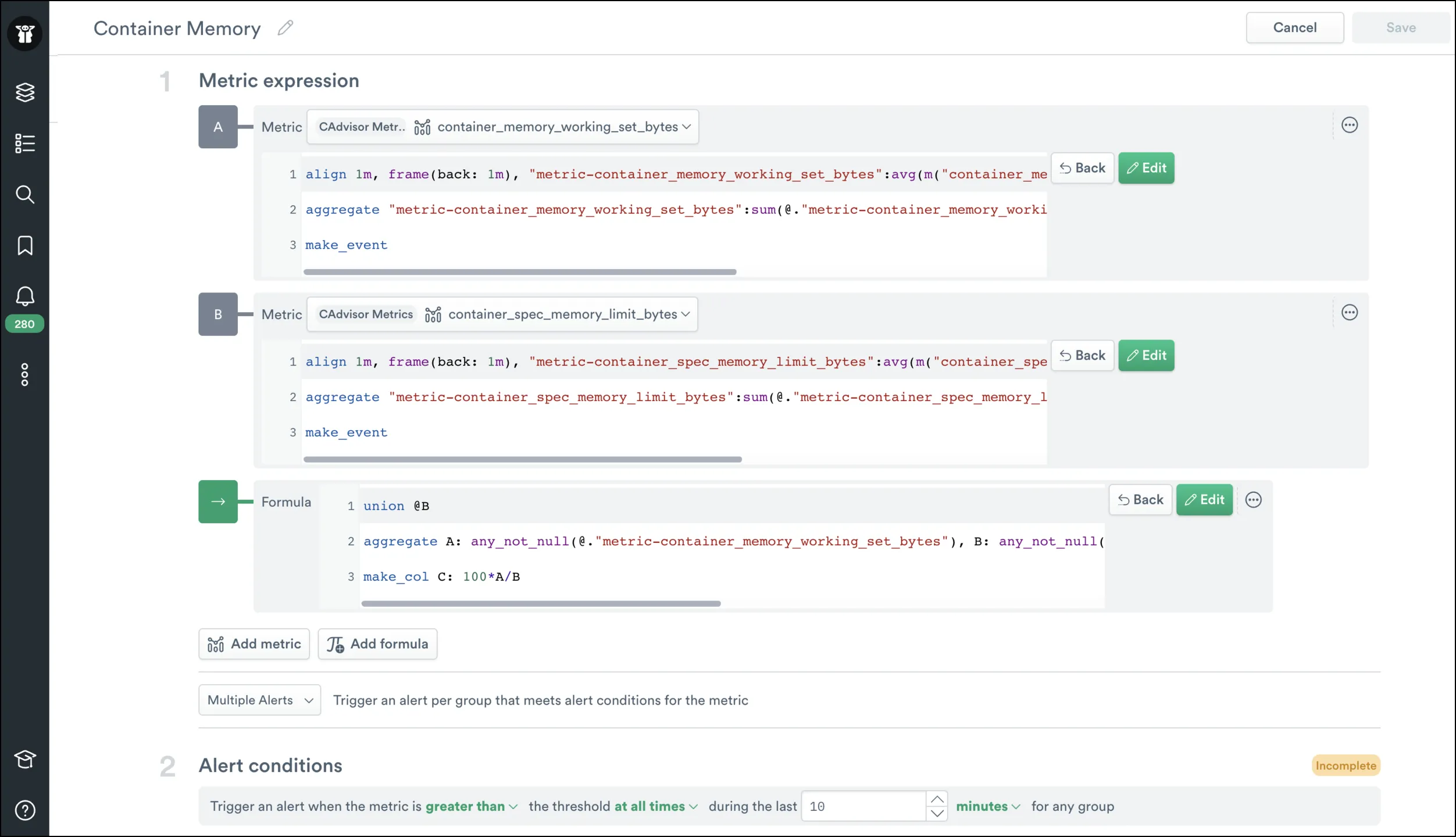 observe metric expression builder showing OPAL