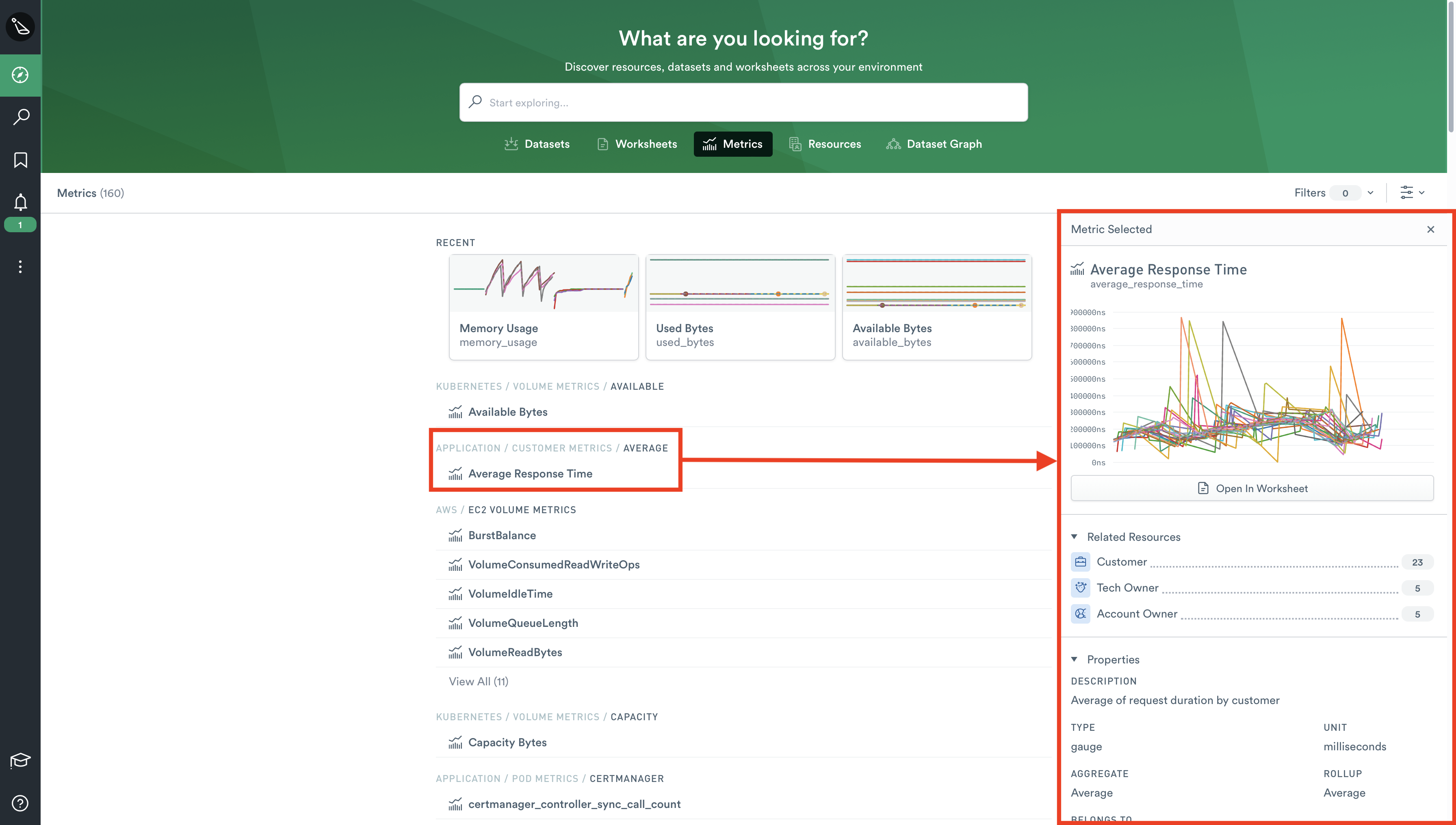 Metrics tab in Observe Saas Application