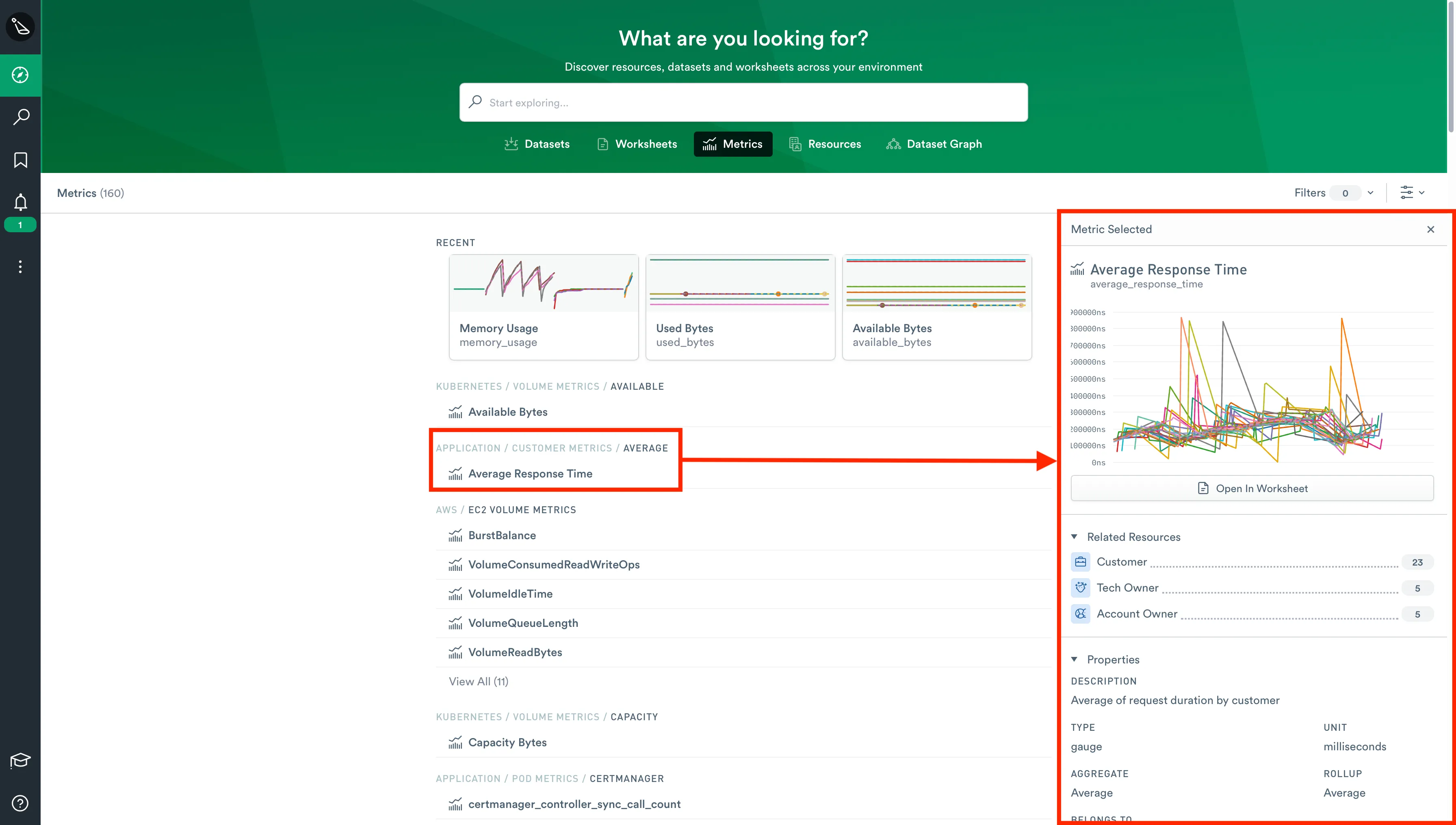 Metrics tab in Observe Saas Application