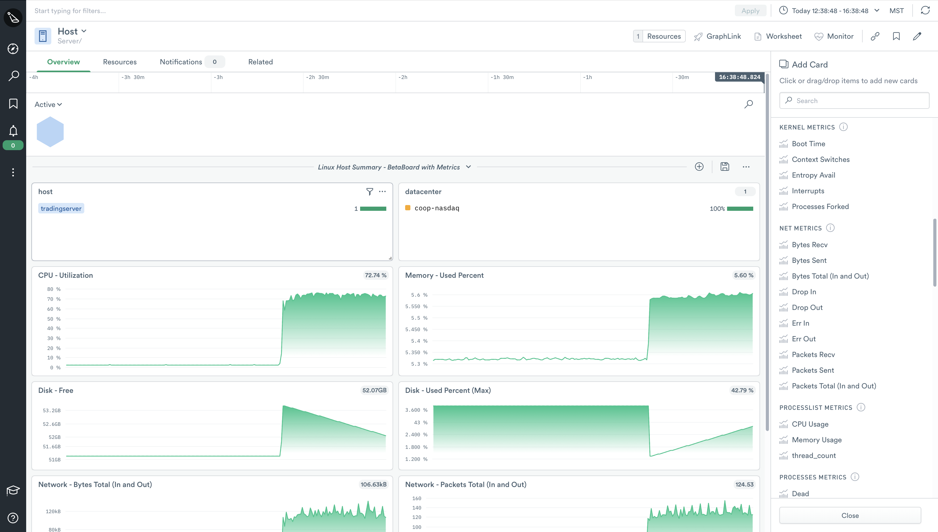 All available metrics for the host dataset in Observe