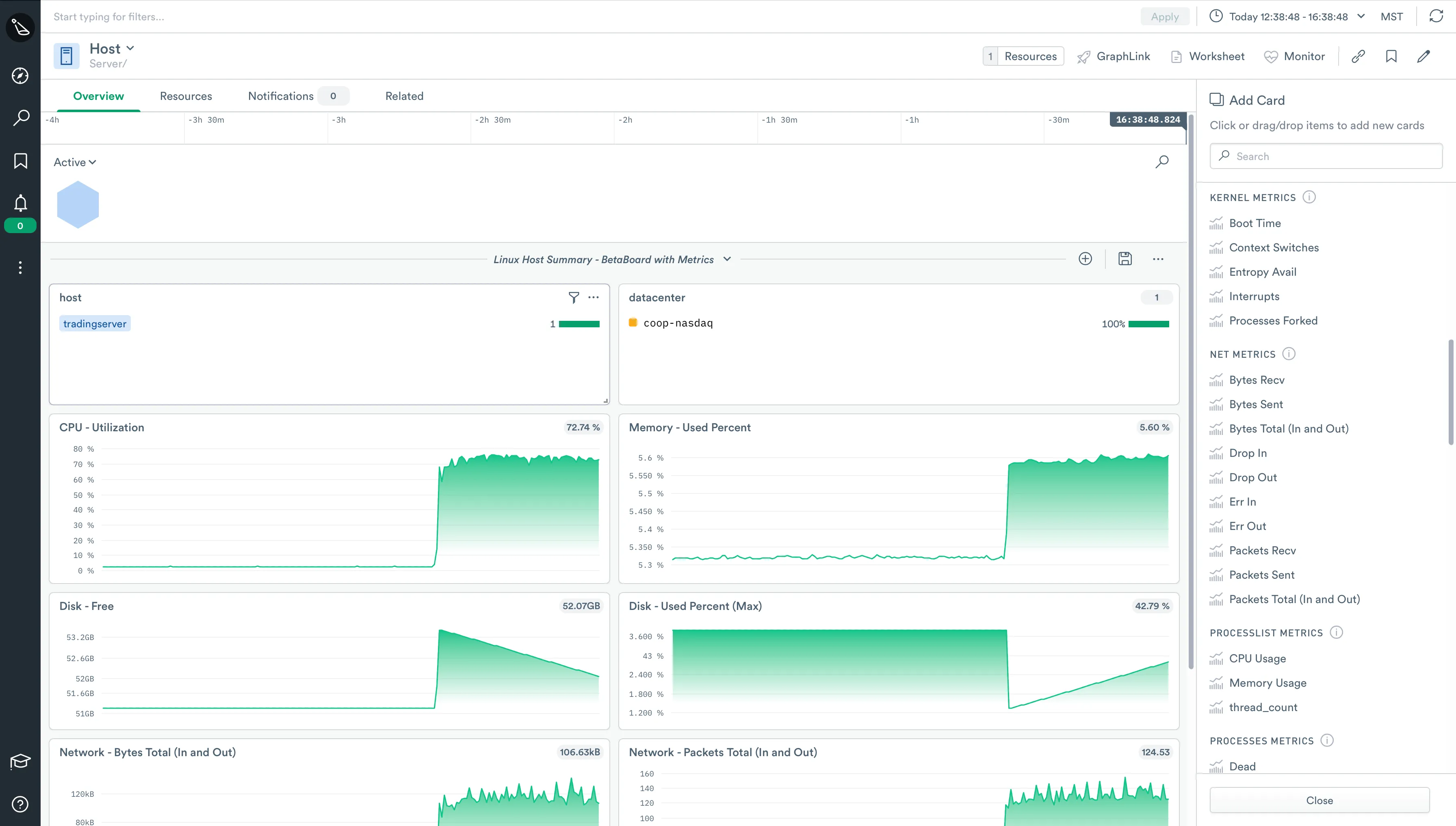 All available metrics for the host dataset in Observe