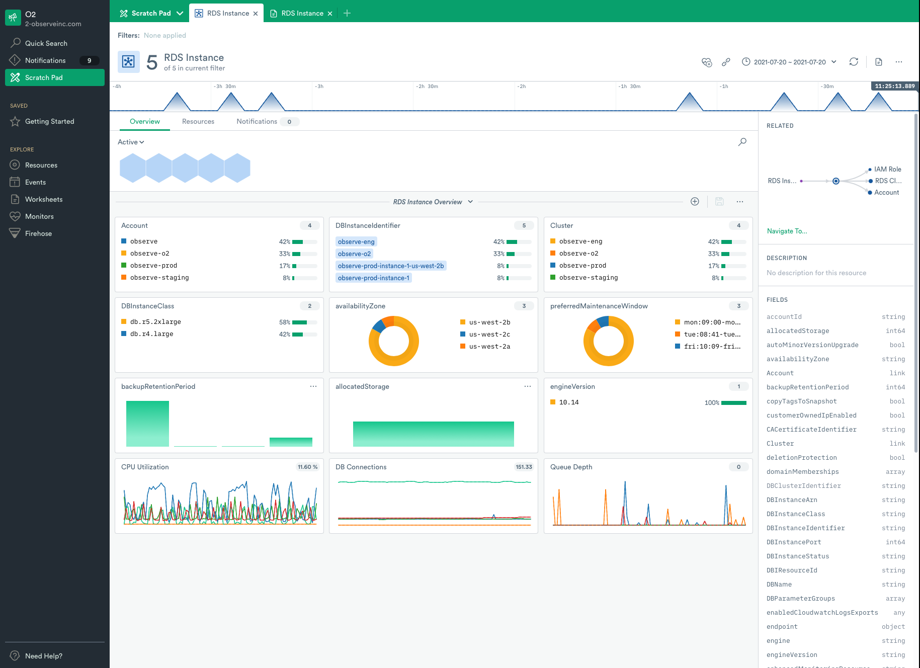 RDS Instance Resource Page in the Observe SaaS Platform