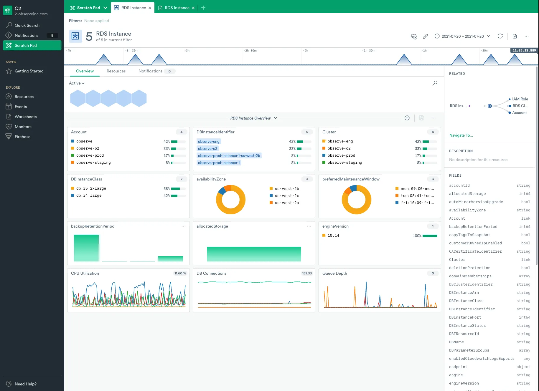 RDS Instance Resource Page in the Observe SaaS Platform