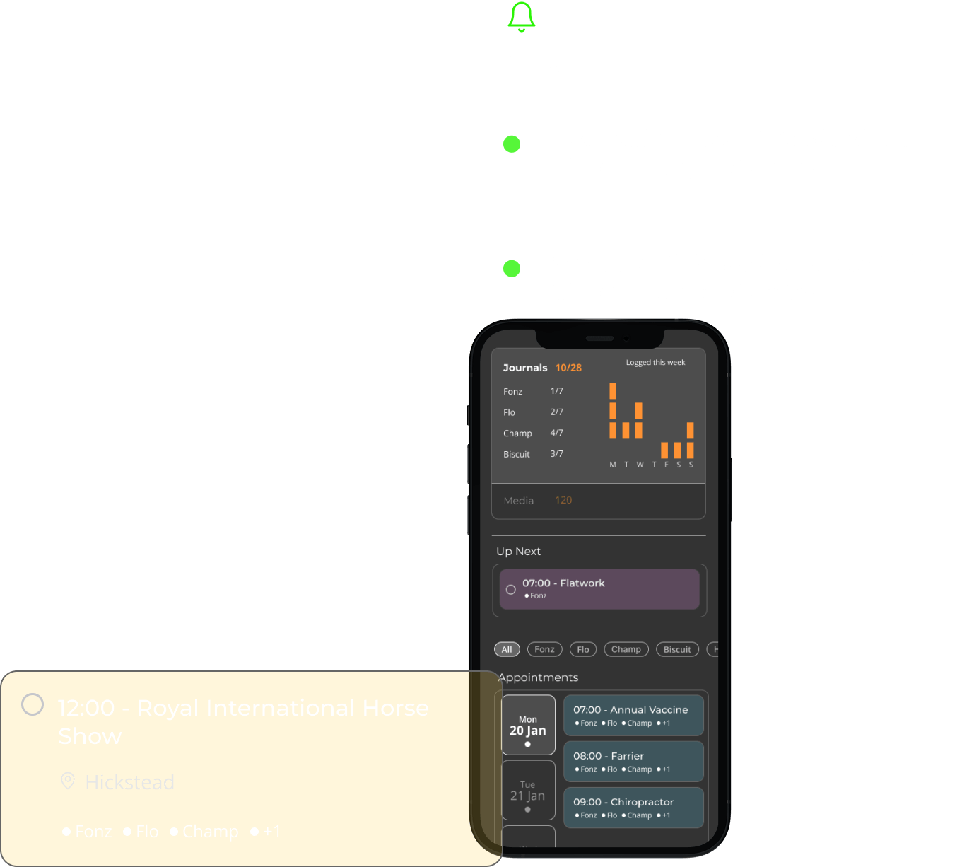 Mobile screen displaying the BIG Rider app dashboard with journal entries, upcoming appointments, and horse schedules for better training and care management.