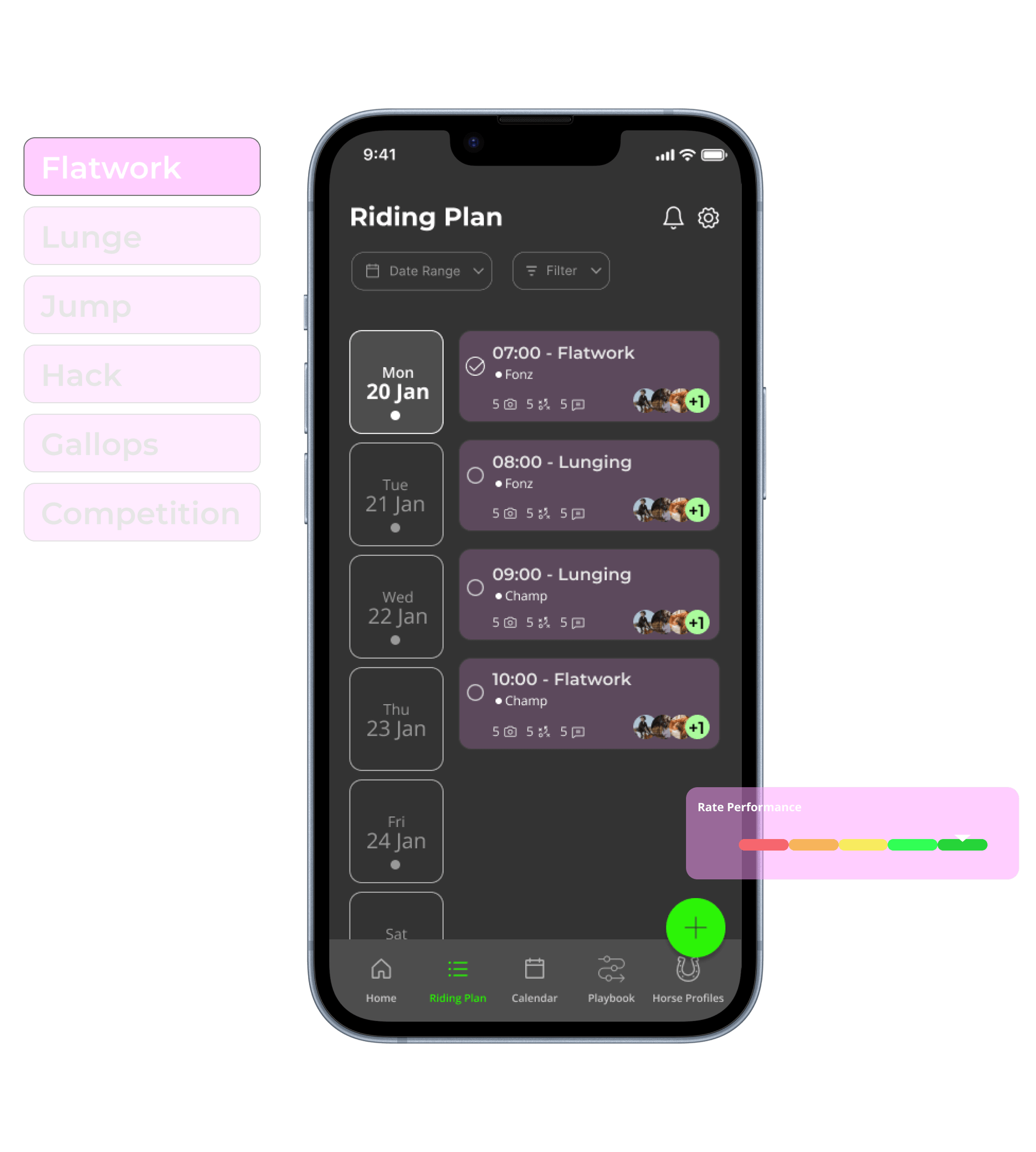 BIG Rider app Riding Plan screen showing scheduled flatwork and lunging sessions by horse, with activity filters and a performance rating tool.