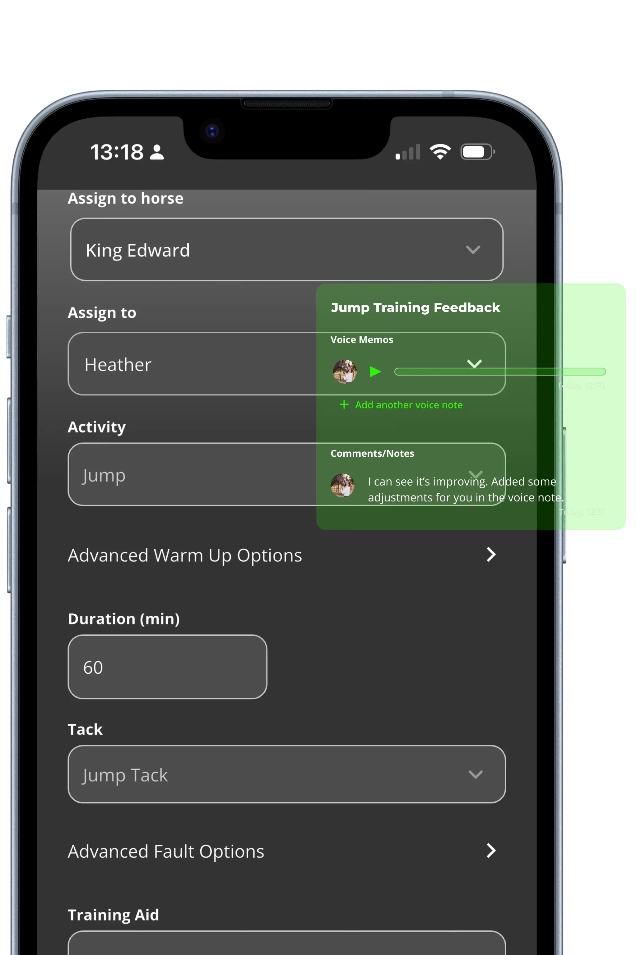 BIG Rider app session details screen showing lunging activity with assigned rider and horse, duration, training aids, voice memo feedback, notes, and attached media.