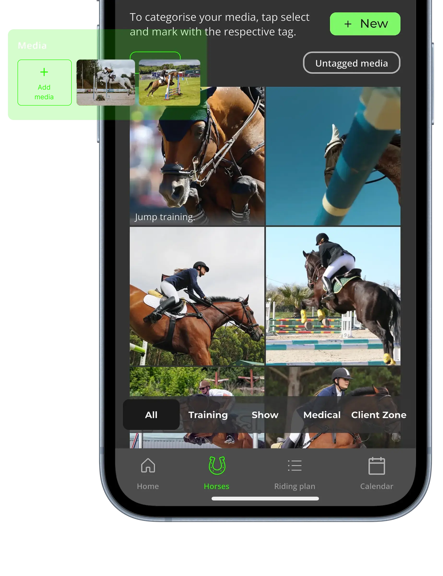 Mobile screenshot of the BIG Rider app showing the Media Library, with horse jumping photos and videos neatly organised by tags like Training, Show, Medical, and Client Zone