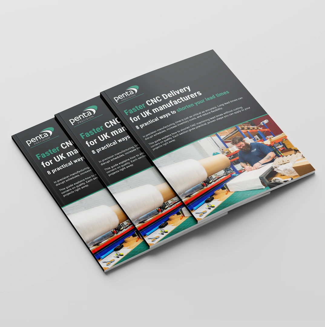 Stack of brochure covers for the Getting Your CNC Machined Parts Faster: A Guide, promoting a free downloadable ebook.