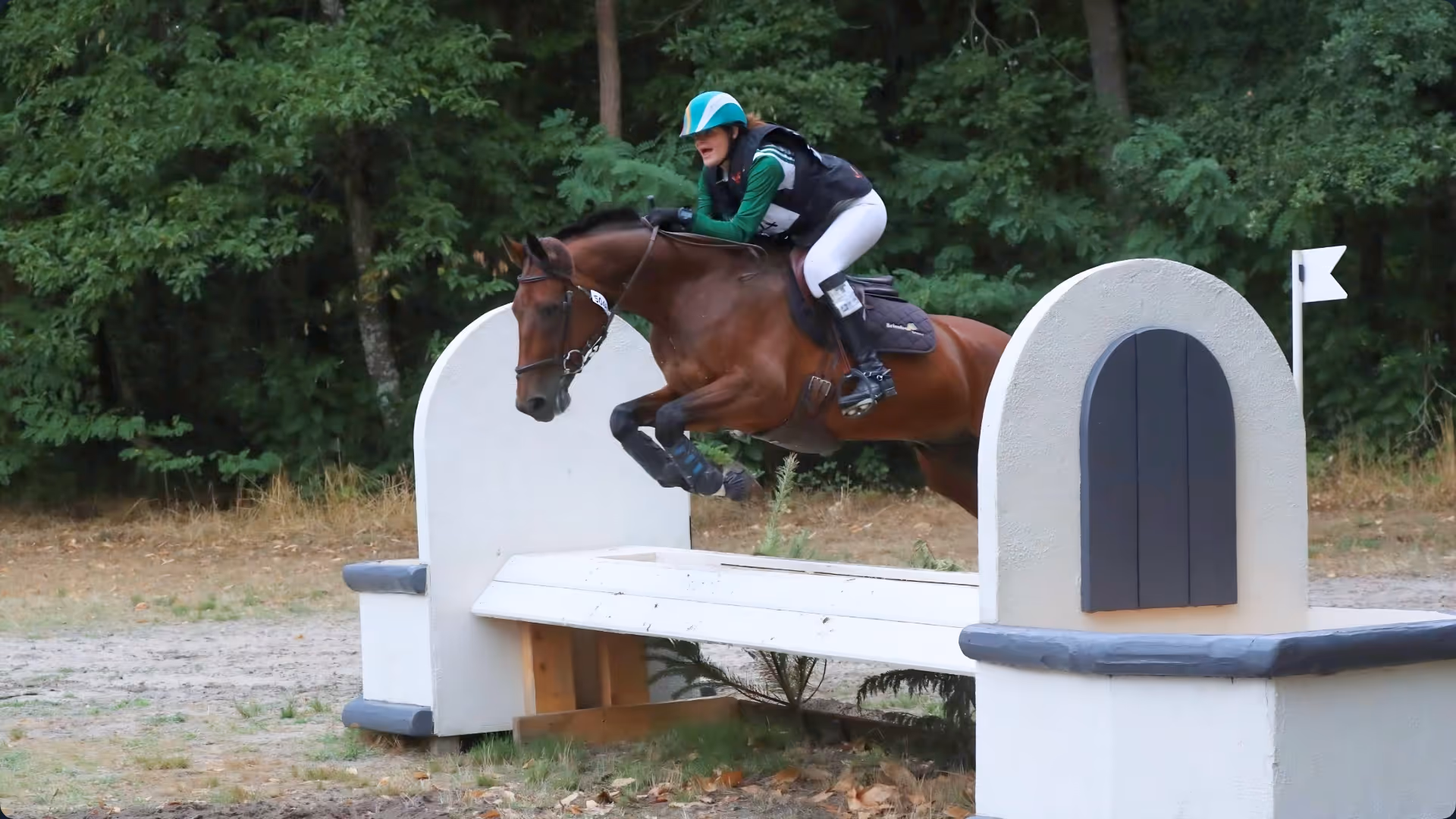 Equestrian rider in black helmet and orange shirt raising a fist while riding a gray horse splashing through water.