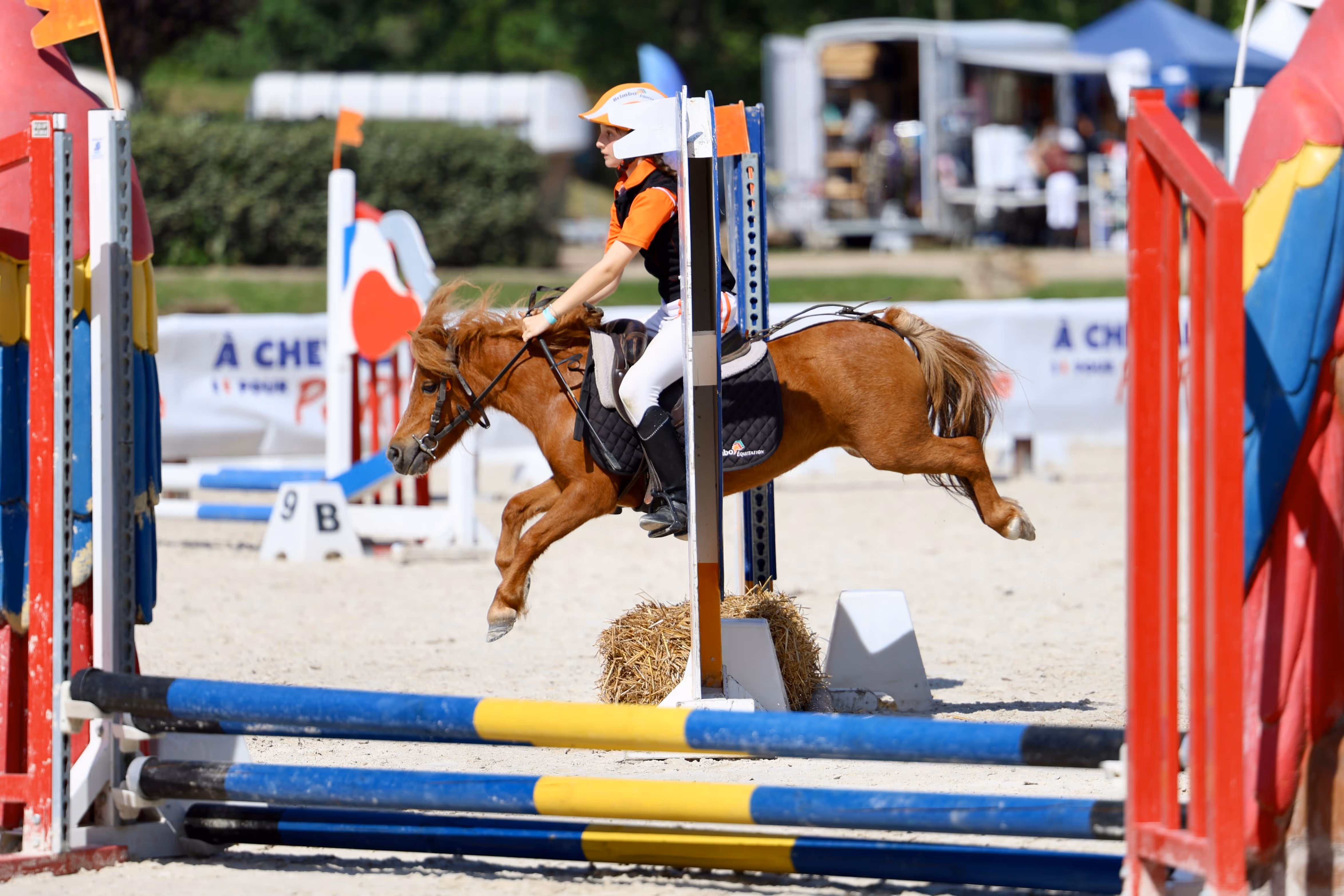Four children in orange and white riding gear and helmets sitting on ponies, standing next to a woman in sunglasses and casual clothes smiling.