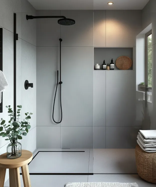 A bathroom with a shower and a wooden stool.