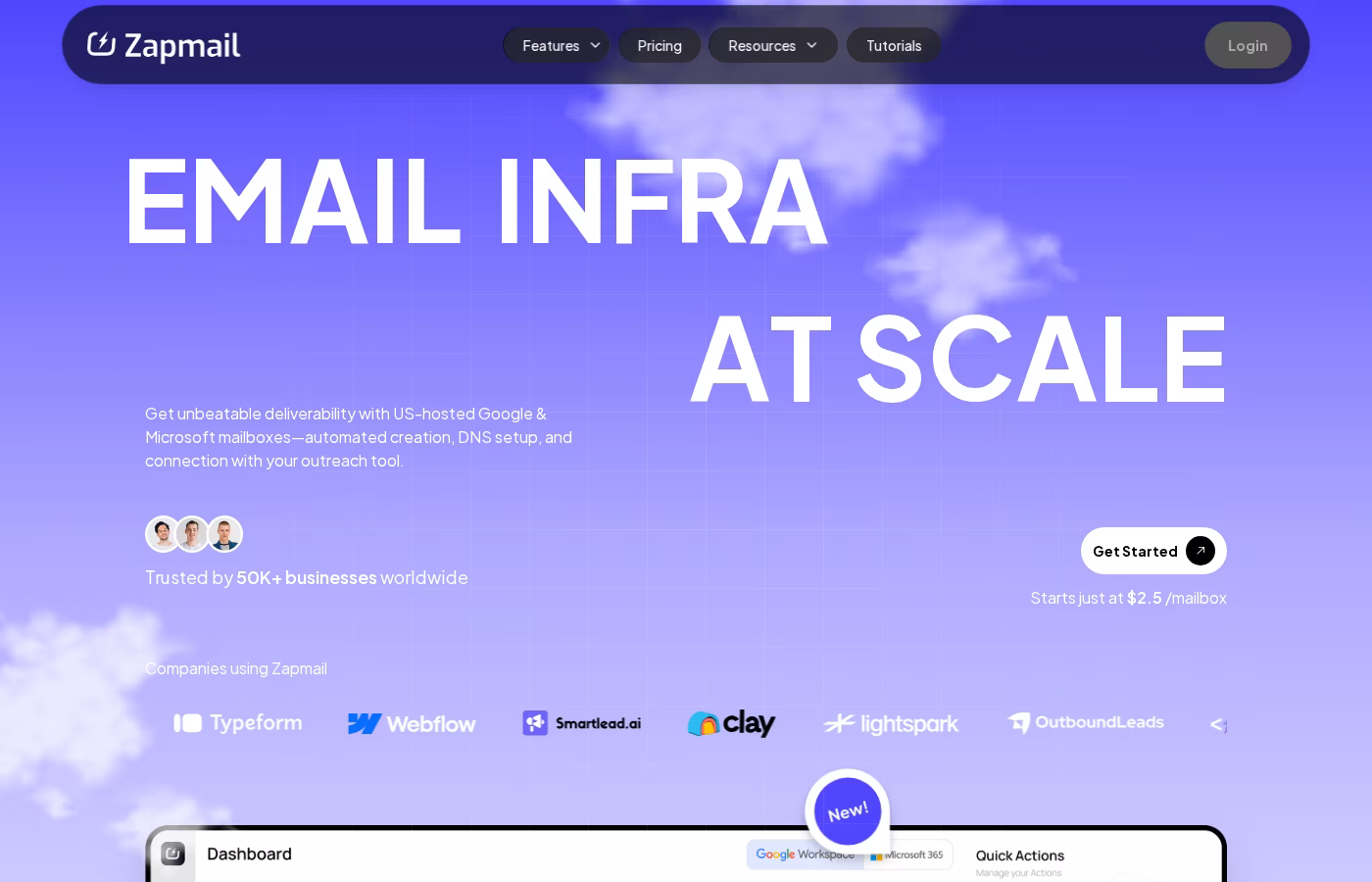 Zapmail homepage hero showing 'Email infra at scale' messaging and pricing starts at $2.50 per mailbox