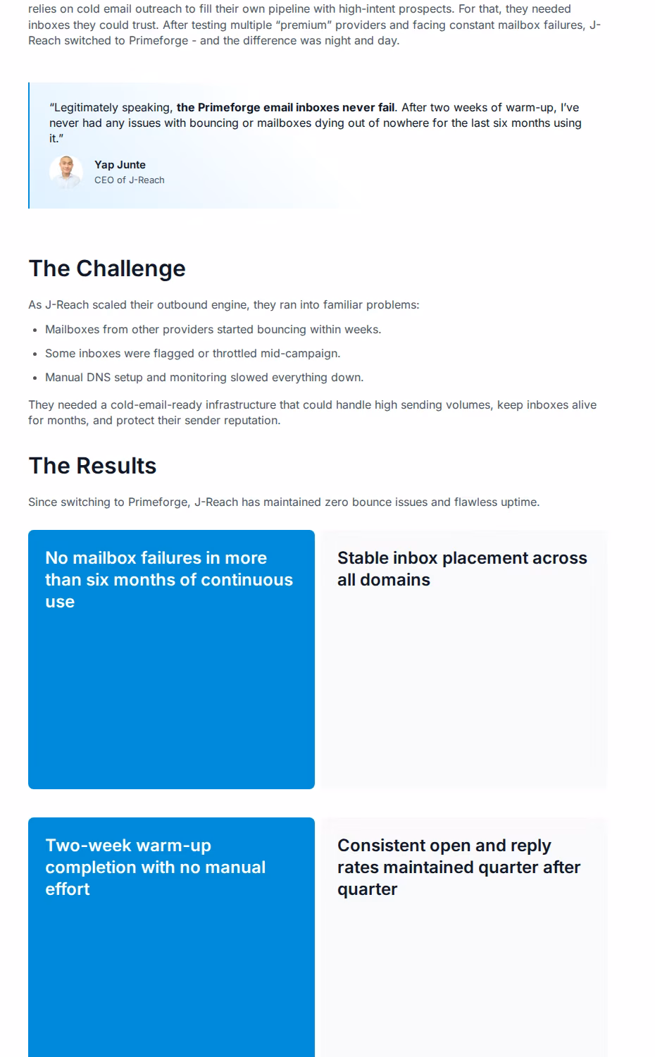 Primeforge case study quote from Yap Junte CEO of J-Reach saying the Primeforge email inboxes never fail, alongside The Challenge and The Results sections showing zero mailbox failures over six months across 23 domains and 69 mailboxes