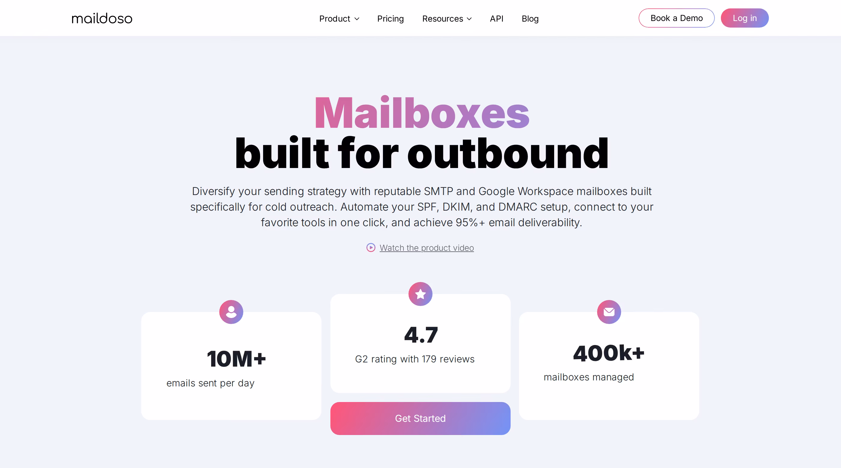 Maildoso homepage showing Mailboxes built for outbound