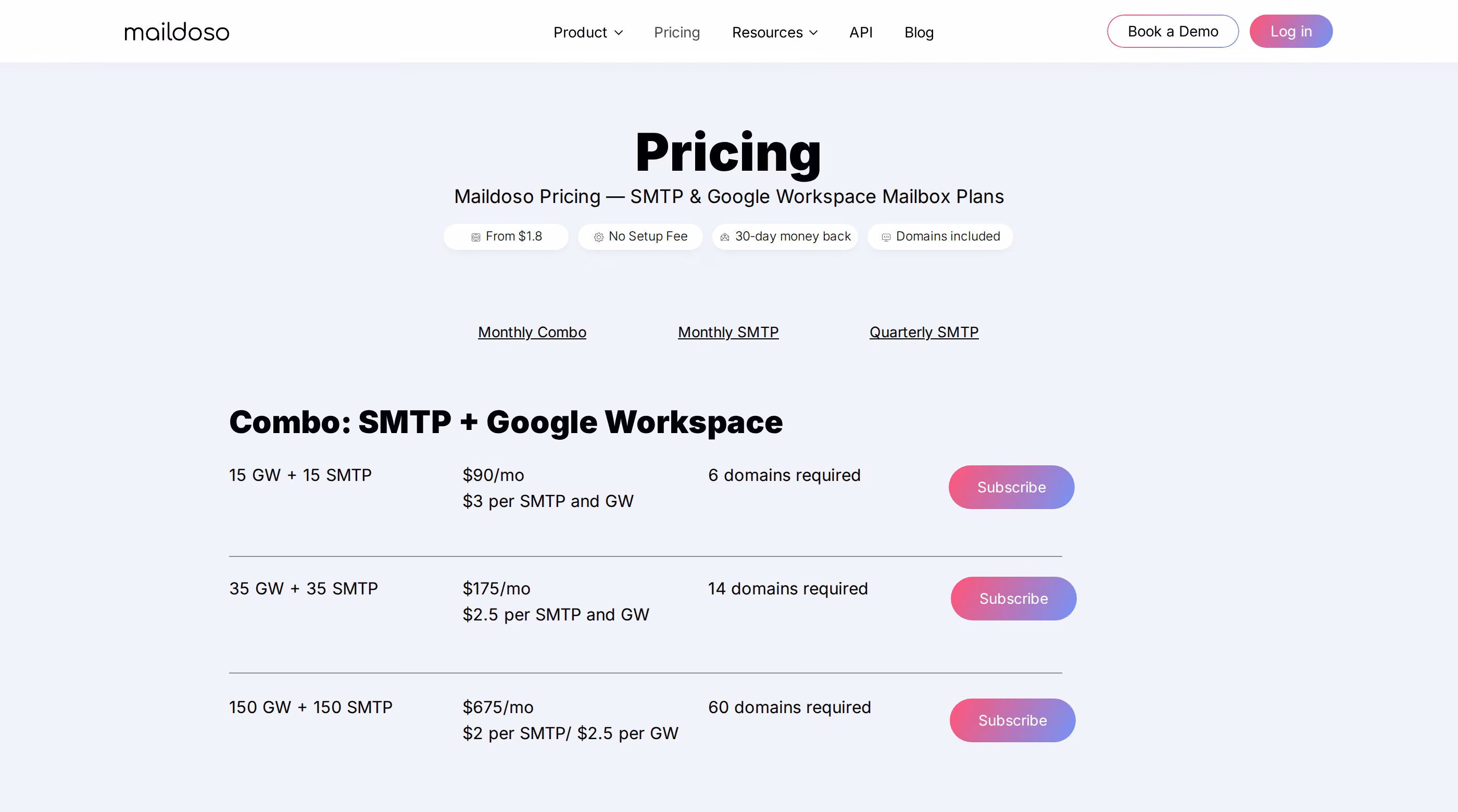 Maildoso pricing showing Combo SMTP + Google Workspace plans