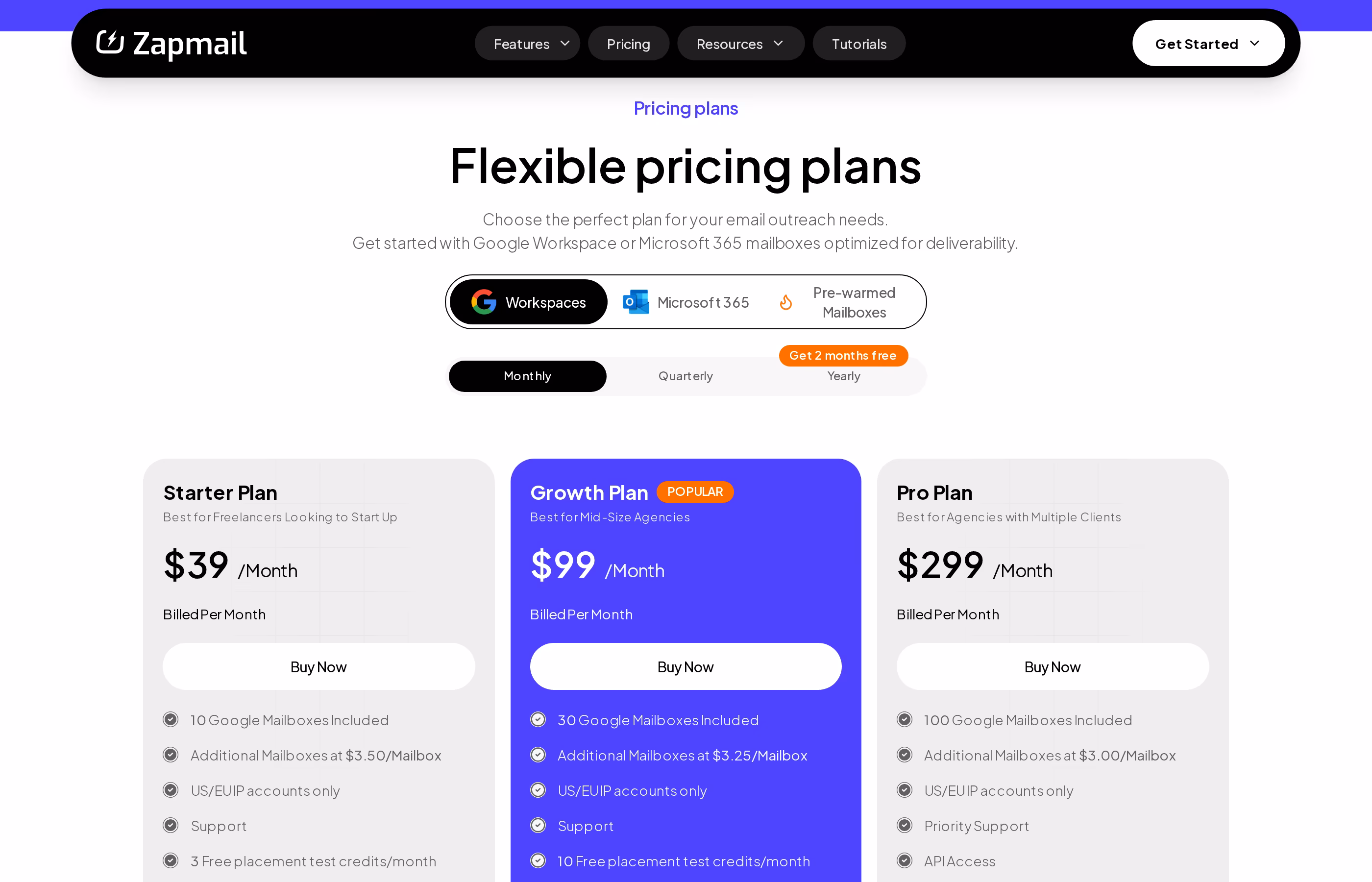 Zapmail pricing page showing Starter, Growth, and Pro plans