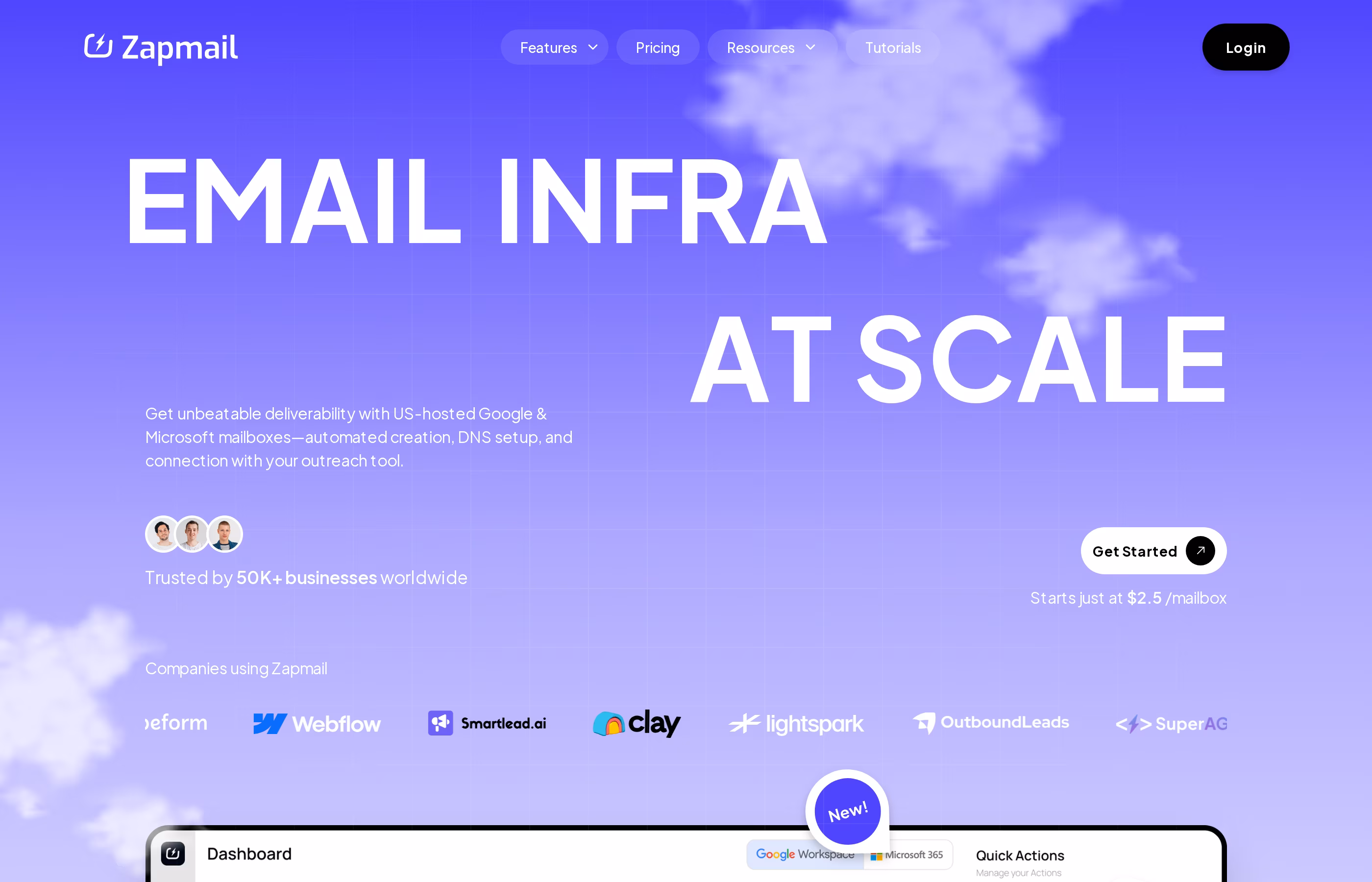 Zapmail homepage hero showing Email Infra At Scale tagline
