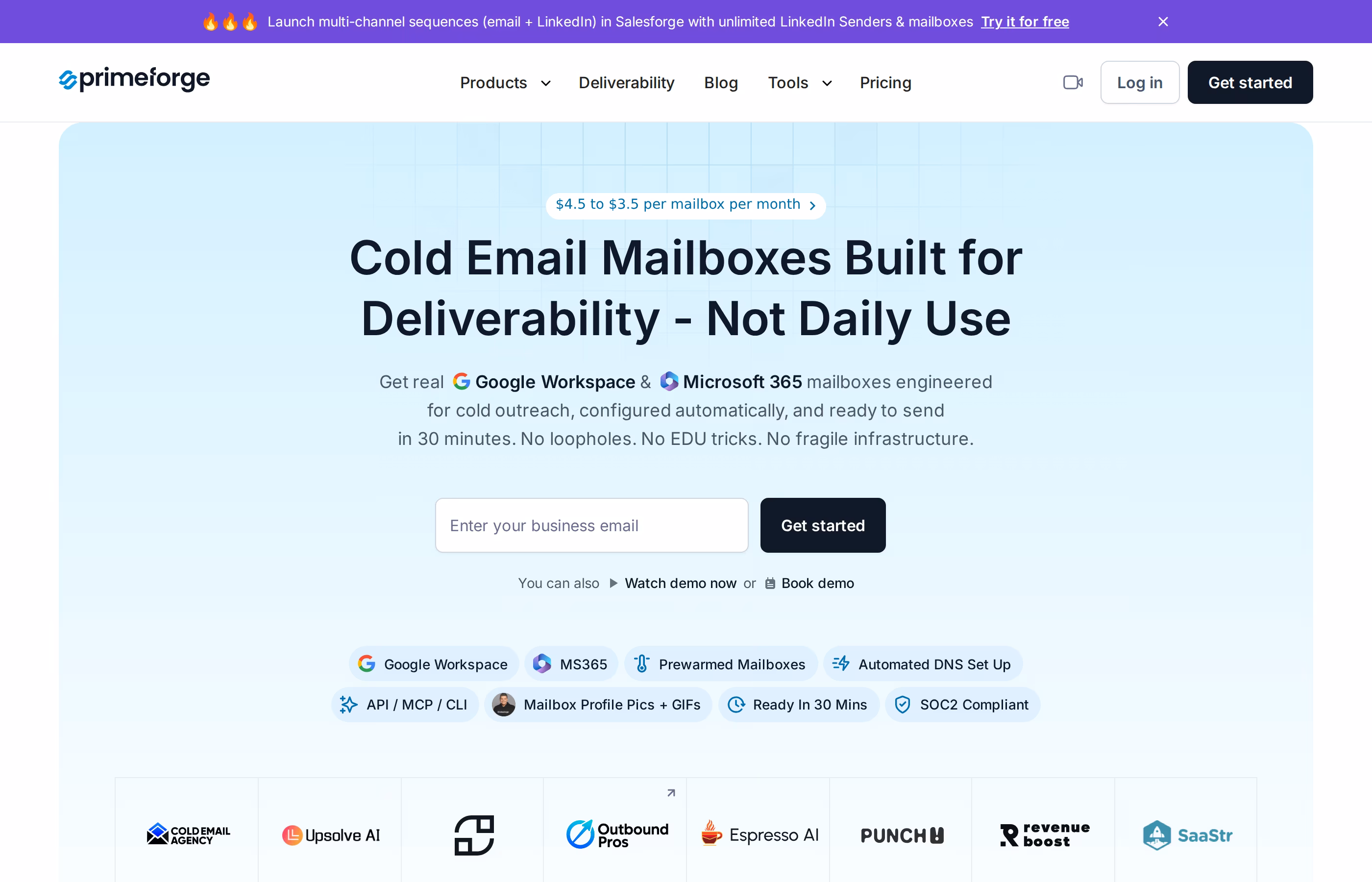 Primeforge homepage showing real Google Workspace and Microsoft 365 mailboxes built for cold outreach deliverability