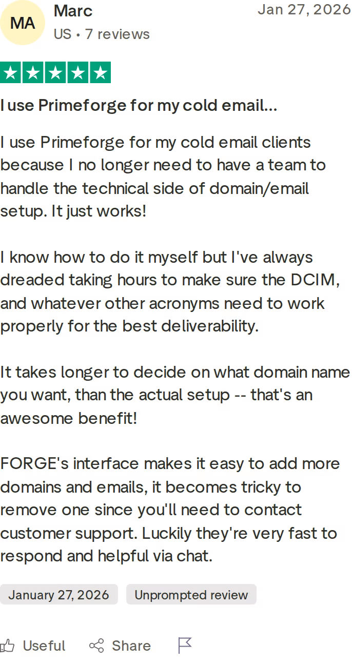 Marc 5-star Trustpilot review of Primeforge dated January 27, 2026, on running cold email for clients without a technical team handling domain and DNS setup