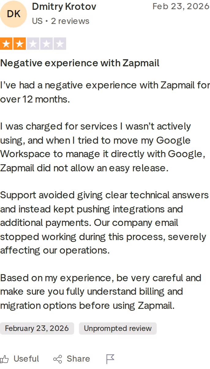 Dmitry Krotov 2-star Trustpilot review of Zapmail dated February 23, 2026, describing 12 months of billing issues and a blocked Google Workspace migration