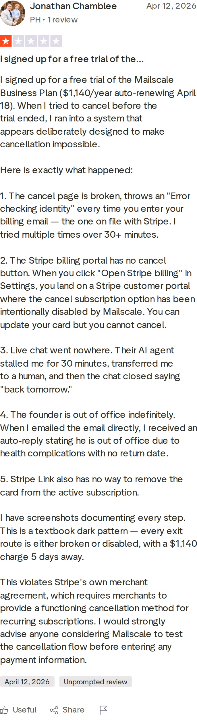 Jonathan Chamblee 1-star Trustpilot review of Mailscale dated April 12, 2026, documenting five failed cancellation routes on the Business Plan trial
