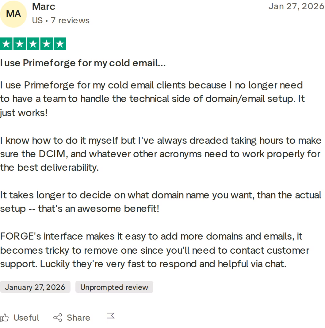 Marc's 5-star Trustpilot review of Primeforge for agency cold email clients, January 27, 2026