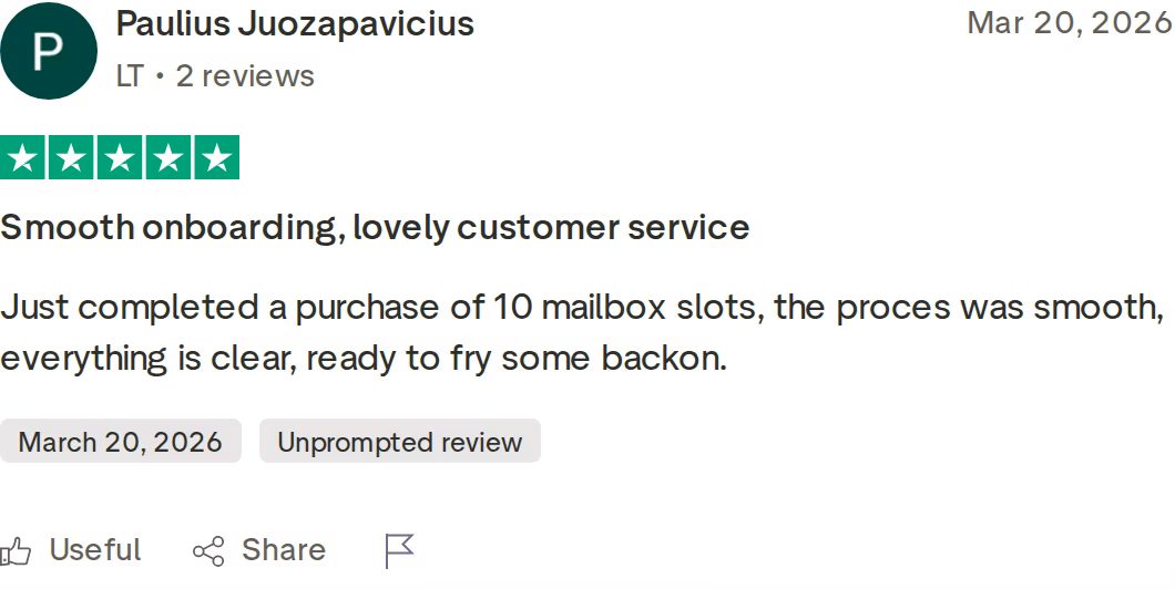 Paulius Juozapavicius 5-star Trustpilot review of Primeforge onboarding and customer service, March 20, 2026