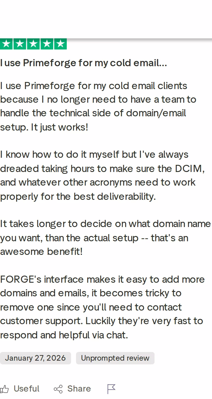 Verified 5-star Trustpilot review of Primeforge by Marc, January 2026, on running client setups without a technical team
