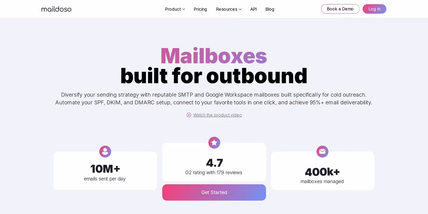 Maildoso homepage showing Mailboxes built for outbound with 10M+ emails per day and 4.7 G2 rating