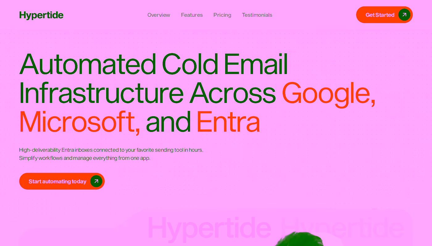 Hypertide homepage describing automated Azure, Google and Microsoft cold email infrastructure set up in hours