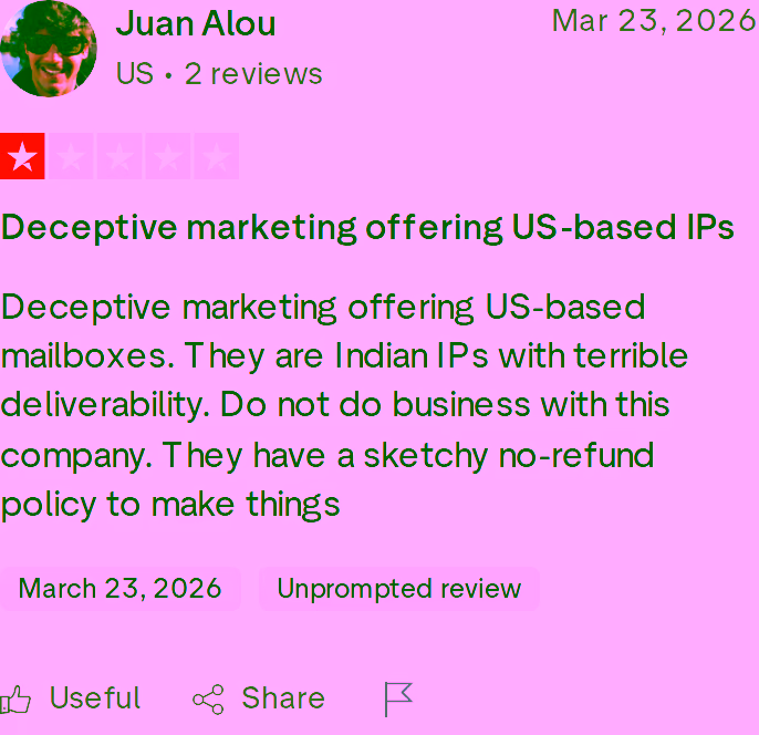 One-star Trustpilot review of Zapmail by Juan Alou dated March 23, 2026, titled Deceptive marketing offering US-based IPs