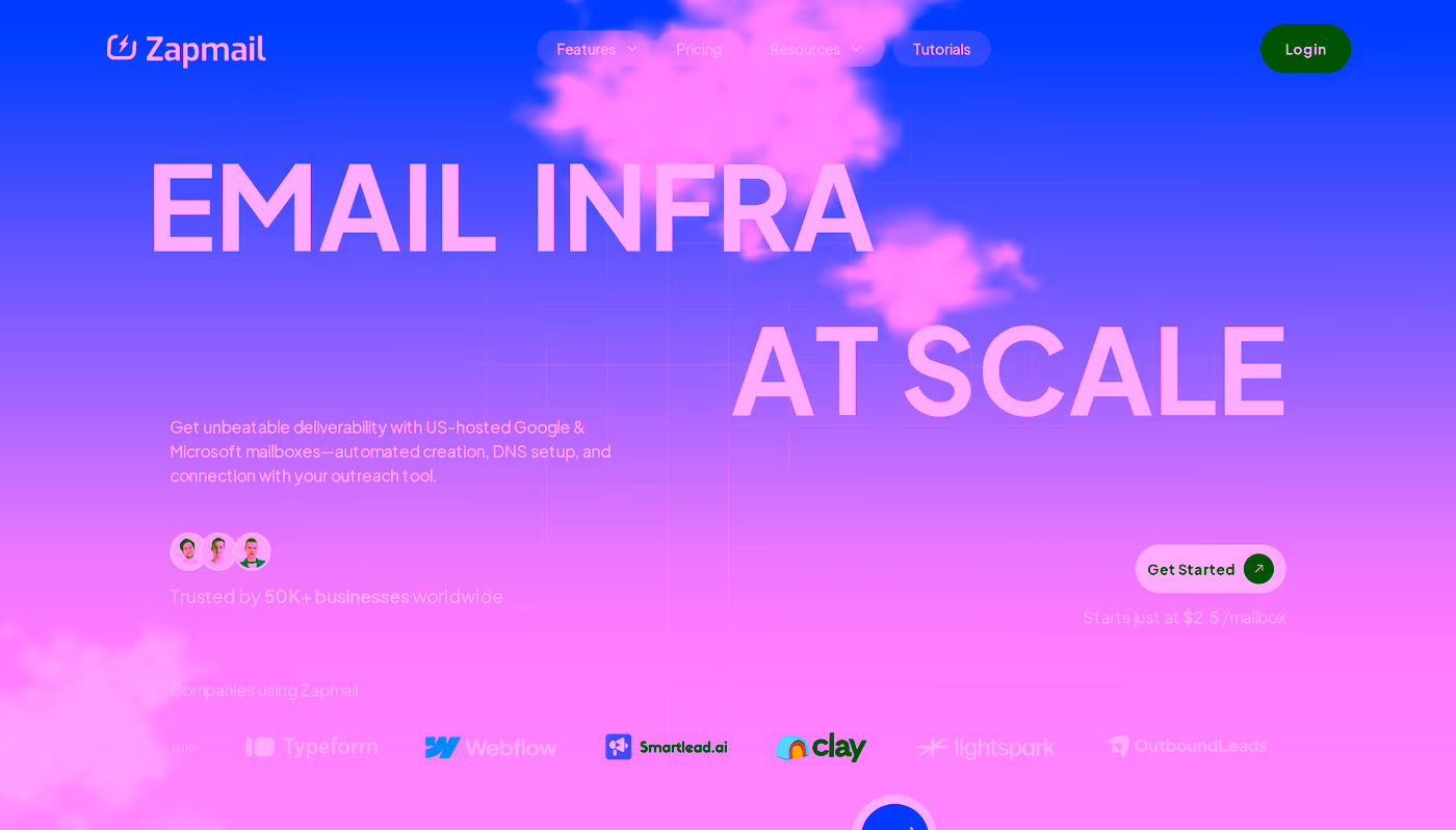 Zapmail homepage describing US-hosted Google and Microsoft cold email infrastructure at scale