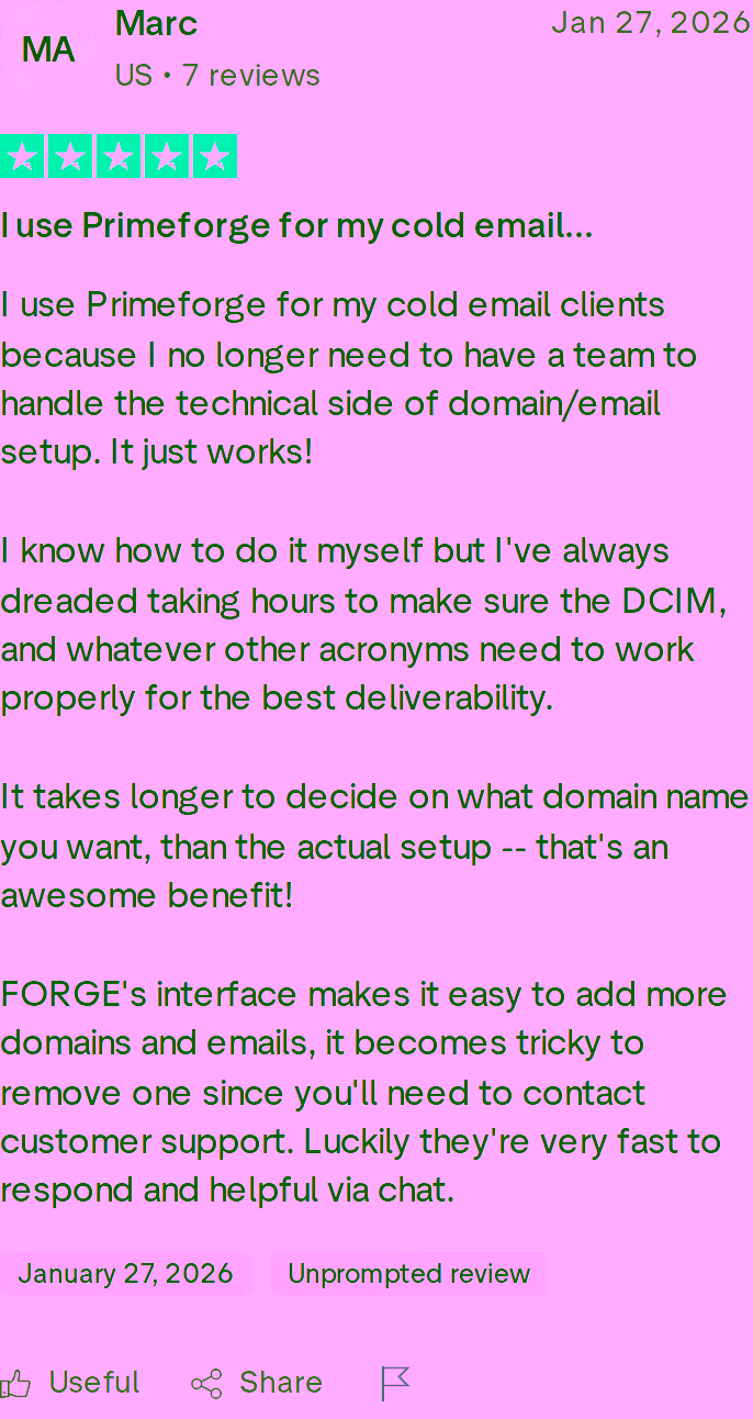 Five-star Trustpilot review of Primeforge by Marc dated January 27, 2026, praising hands-off domain and email setup that just works