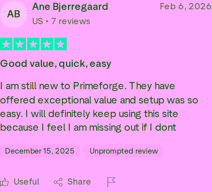 Five-star Trustpilot review of Primeforge by Ane Bjerregaard dated February 6, 2026: good value, quick and easy